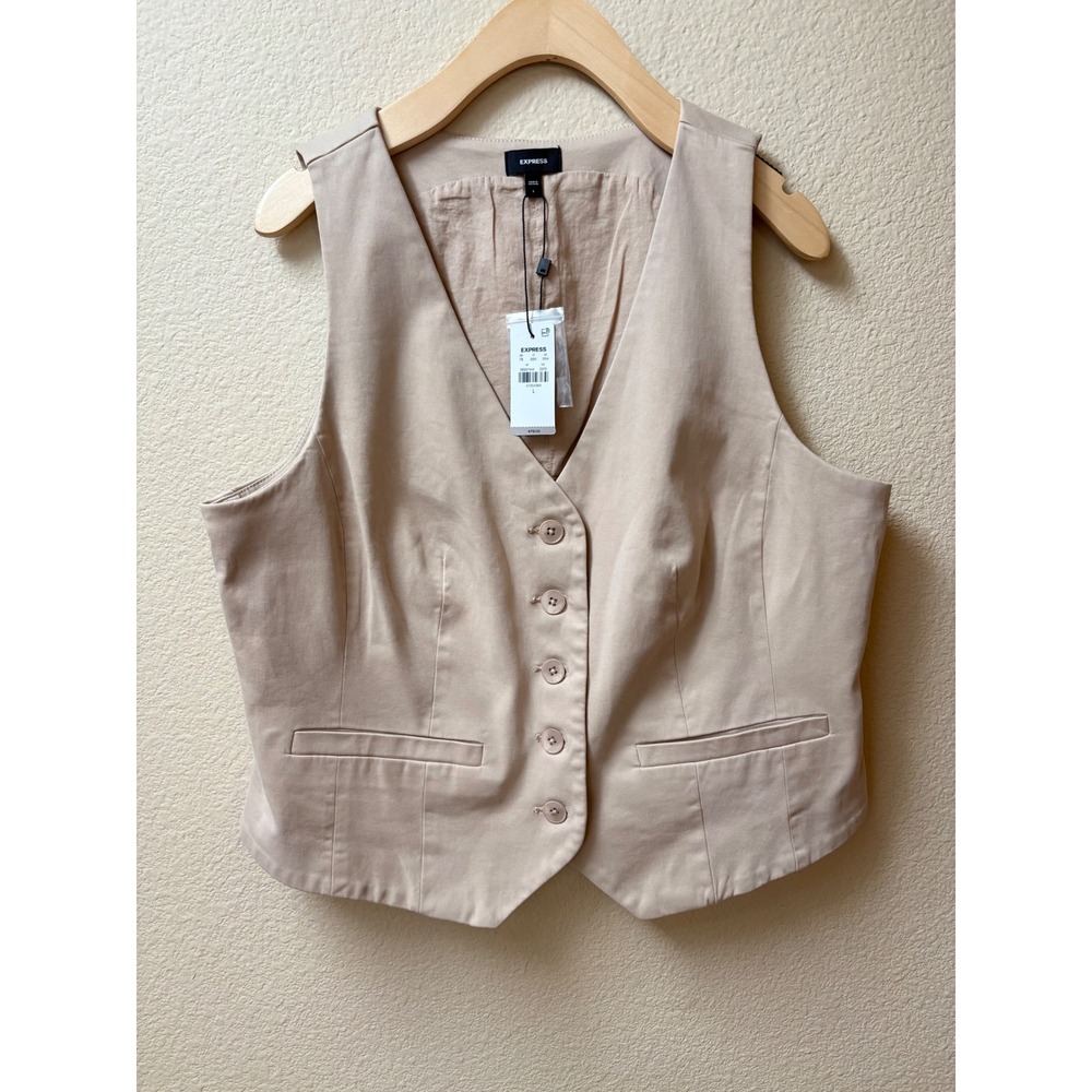 Express Womens Tan Beige Button Front Waistcoat Vest Size L NWT 06957444